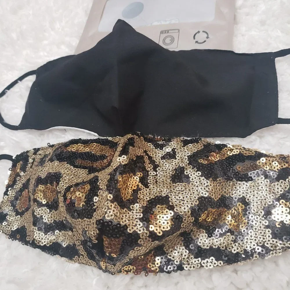 Fashion x2 Cloth Face Mask Gold Sequin Animal Prin